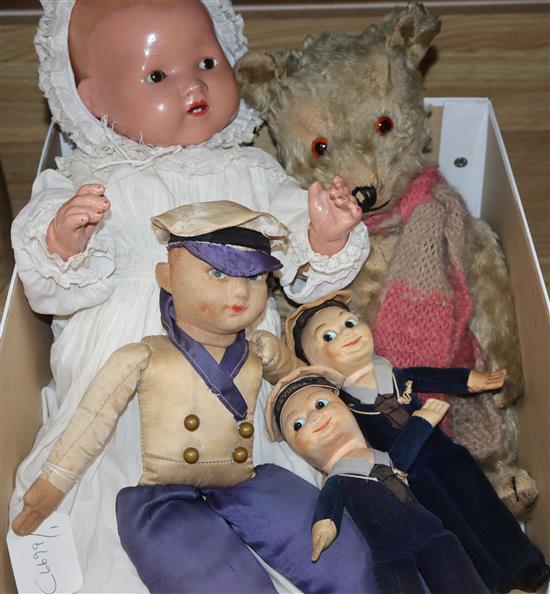 Three Nora Welling Sailor Boy dolls, a plush Teddy bear and an open mouthed doll